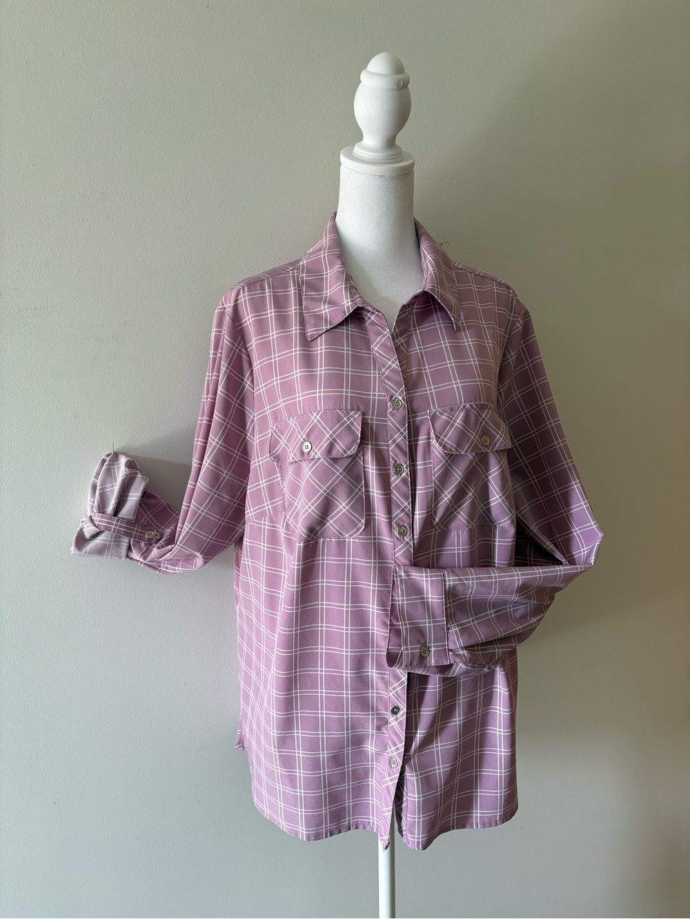 Notations Woman Plus Size Mauve Plaid Button-Up Shirt Convertible Sleeves